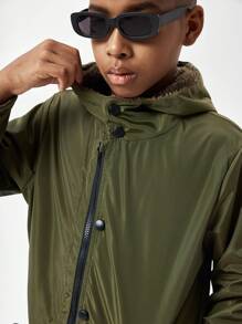 SHEIN Tween Boy Casual Plush Hooded Jacket - Army Green - View 5