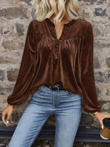 SHEIN LUNE Casual Vintage Solid Color Notch Neck Bishop Sleeve T-Shirt, Autumn