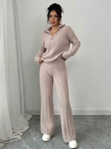 SHEIN Unity 2 件套女士休闲日常纯色立领毛衣和裤子套装，秋冬 - 駝色 - 查看 5