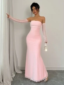 Rafferiza 2024 秋季新品法式优雅别致约会/通勤连衣裙。杏色露肩露肩网眼拼接褶饰长袖超长紧身连衣裙，博主同款 - 粉色 - 查看 1