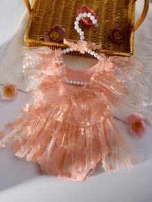 新生女婴花卉网眼摄影连体衣，女婴荷叶边网眼连体衣，适合拍照、一个月和 100 天庆祝活动 - 粉色 - 查看 2