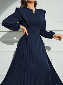 Modelyn 女士优雅纯色褶皱下摆连衣裙，秋季长款晚礼服