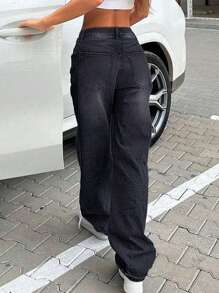 NVFelix 女士宽松直筒牛仔裤，做旧复古休闲Y2K街头风，黑色，适合冬季、感恩节、新年穿着 - 黑色 - 查看 5