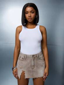 SUMWON WOMEN Washed Denim Side Slit Mini Skirt - Brown - View 1