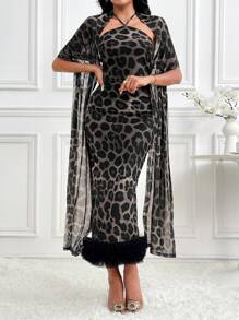 Modelyn 2pcs Women Leopard Print Sleeveless Halter Dress And Shawl Jacket Set, Elegant 2 Pieces Set - Black and White - View 6