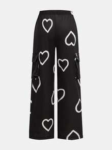 SHEIN Bộ 2 áo nỉ họa tiết trái tim cho bé gái, lớp lót nhung dày, áo hoodie thường ngày phong cách đường phố & quần ống rộng, cỡ lớn - màu đen - Xem 7