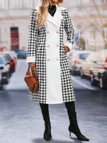 SHEIN Clasi Women's Colorblock Houndstooth Lapel Metal Double-Breasted Long Sleeve Elegant Woolen Coat, Autumn Winter