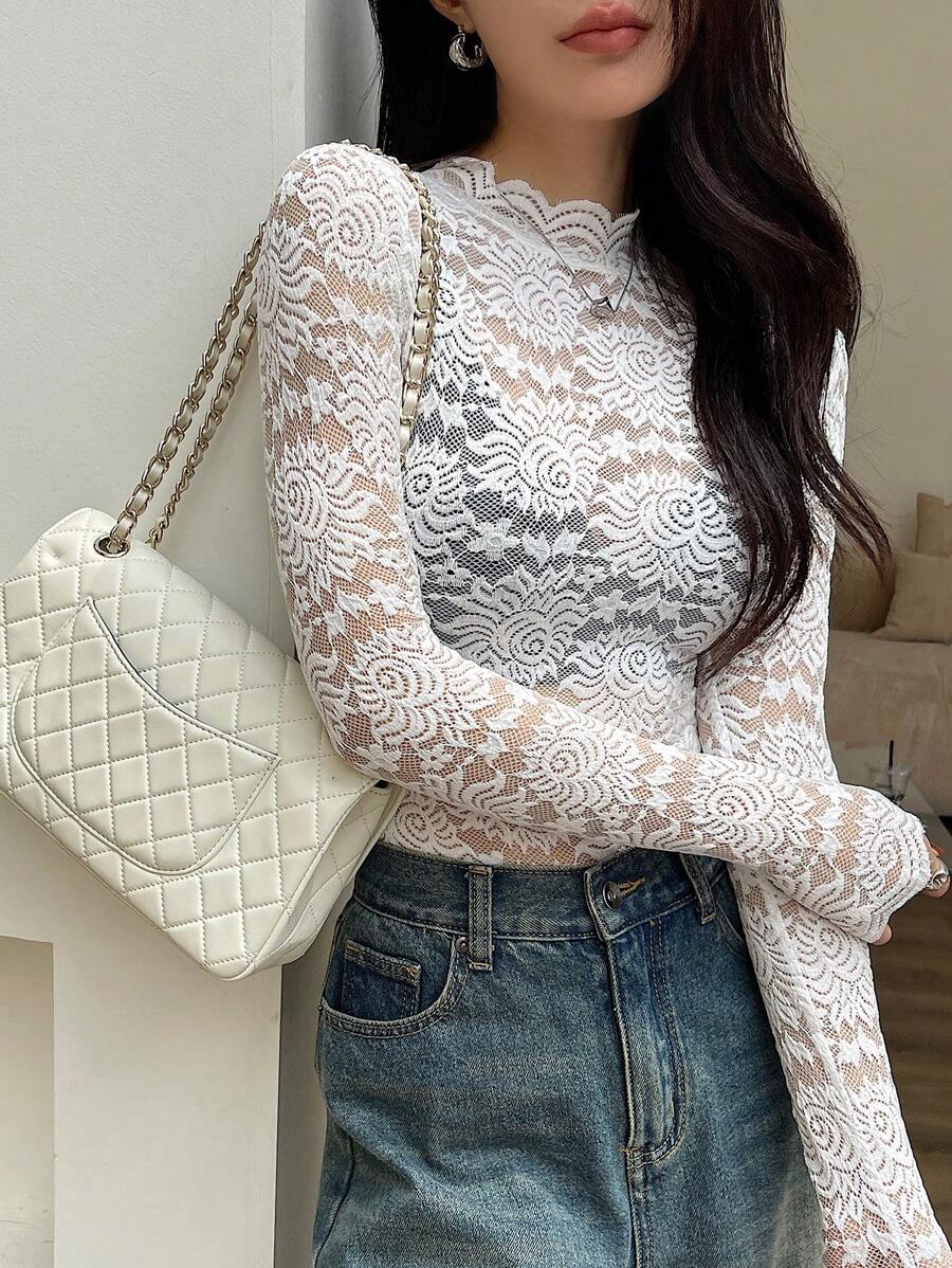 DAZY Women's New Arrival Spring/Summer/Autumn Stand Collar Fitted Sheer Lace Blouse (Does Not Include Bra) Going Out Tops Long Sleeve Women Tops - White - View 1