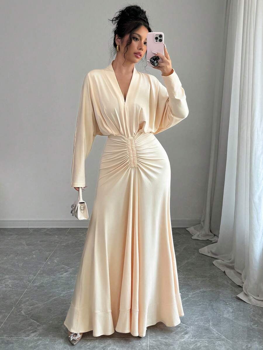 Chiquease V-Neck Pleated Ruffle Hem Solid Color Long Dress, For Women, Winter Maxi Women Outfit - Apricot - View 1