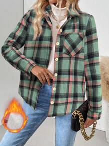 EMERY ROSE 女士休闲格子法兰绒口袋衬衫，长袖，秋冬季，长袖上衣