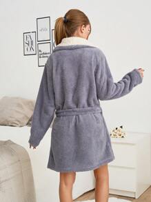 EURMUSE Women Plush Contrast Colour With Embroidery Detail Homewear Robe - Grey - View 2
