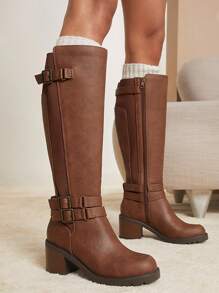 SHUZIA 女式纯色高跟扣膝长靴，秋冬款 - 卡其色 - 查看 8