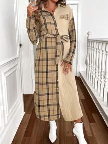 SHEIN Maternity Solid Color Splice Front Tie Front Button Long Sleeve Fake Pocket Simplistic Long Jacket, Top