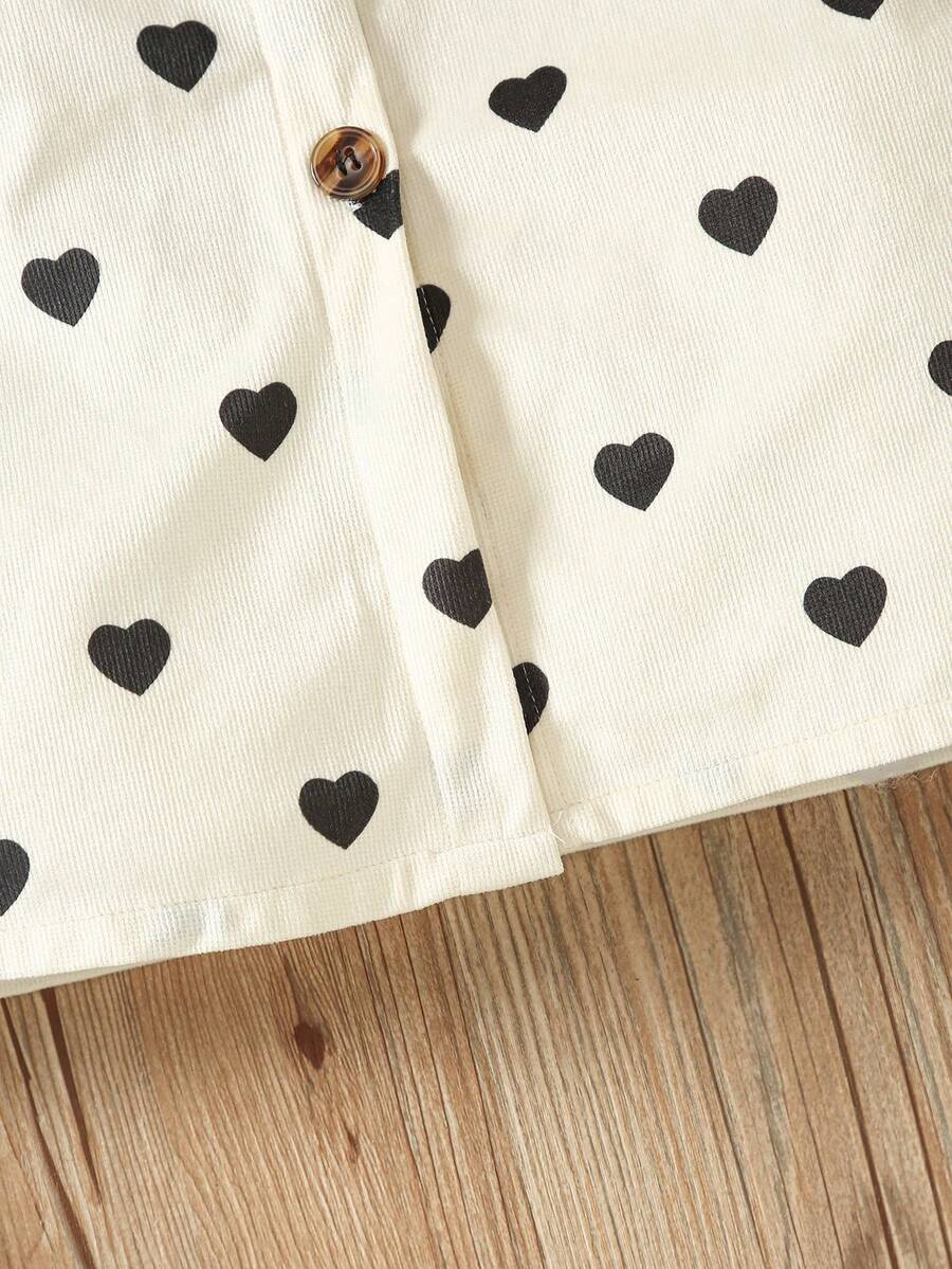 1pc Tween Girls Corduroy Heart Print Waist Defined Long Sleeve Shirt