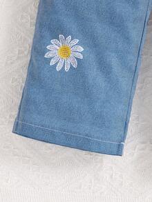 Quần yếm denim in họa tiết hoa cúc đơn giản cho bé gái, thiết kế cổ điển, vải mềm mại, thoải mái, tôn lên nét ngọt ngào và cá tính, thích hợp mặc ngoài trời và hàng ngày vào mùa thu đông - Màu xanh lam - Xem 6