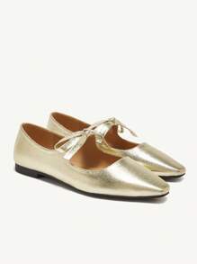 CUCCOO CHICEST 2024 年春秋季新款蝴蝶结点缀纯色方头休闲平底鞋，百搭 - 金色 - 查看 2