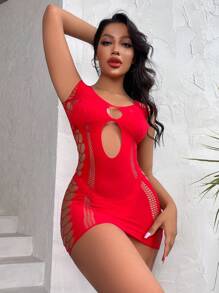 Mesh Hollow Out Bodycon Lingerie Dress Without Liner - Red - View 6