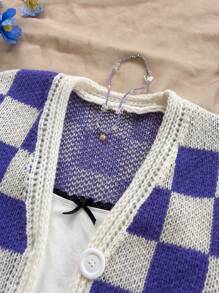 Soleia Casual Sweet Colorblock Plaid Pocket Floral Long Sleeve Knit Cardigan
