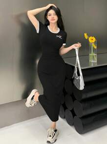 DAZY 休闲百搭拼色短袖修身连衣裙 - 黑色 - 查看 5