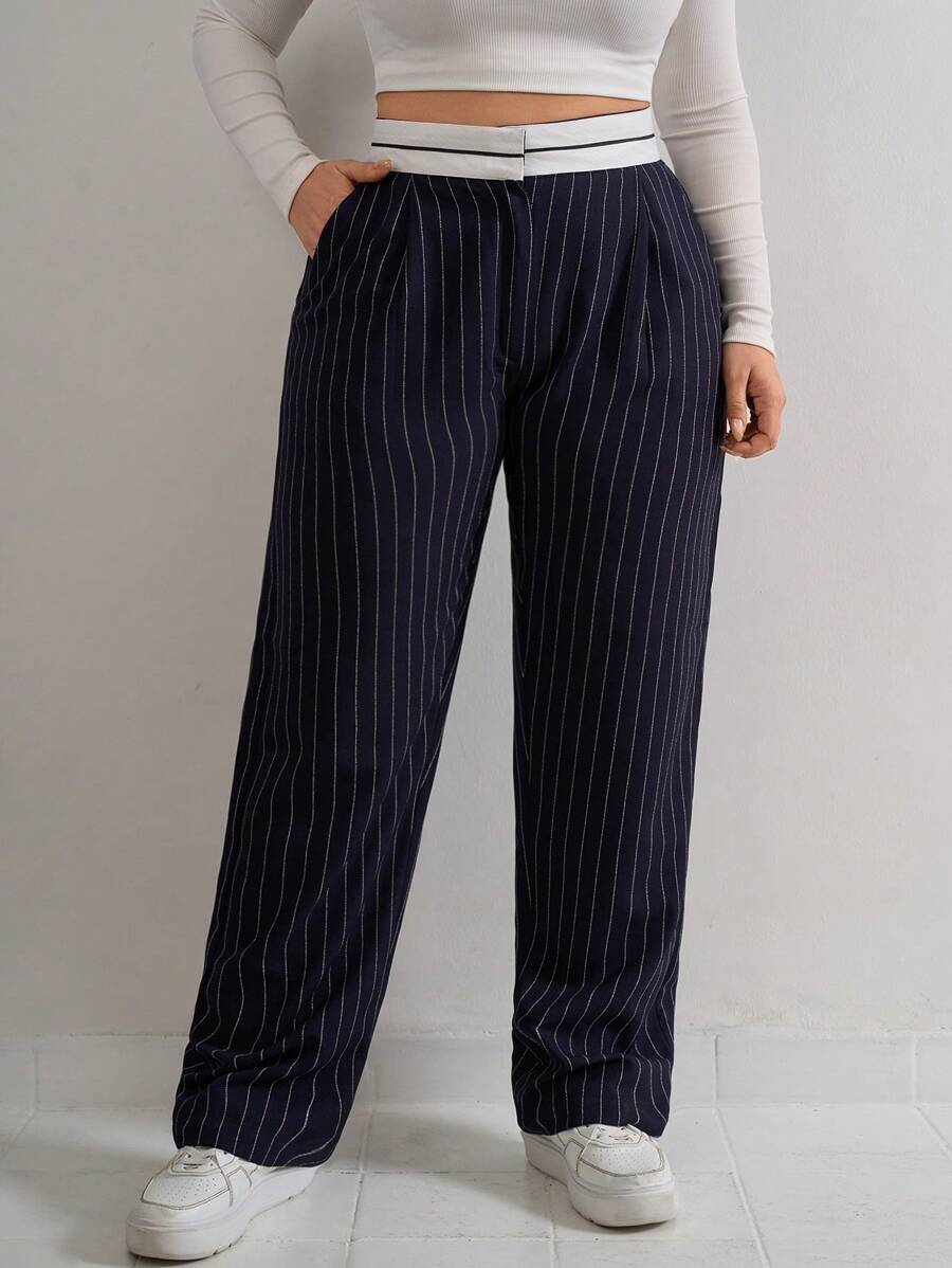 SHEIN Cottnline Plus Size Women's Striped Print Slant Pocket Straight Leg Suit Pants - Navy Blue - View 1