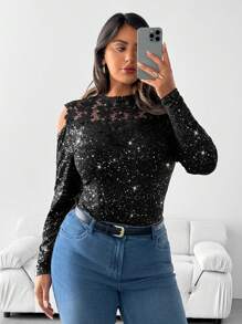 SHEIN Clasi Camisa ajustada de hombros caídos con encaje de contraste, elegante para otoño, talla grande