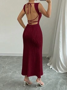 Elenzga 1 件女士性感纯色纹理方领露背系带鱼尾下摆修身连衣裙酒红色长款女装 - 酒紅色 - 查看 2