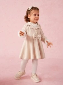 SHEIN Baby Girls' Minimalist Lapel Half-Open Cardigan With Fuzzy Trim, Long Sleeve Butterfly Decor A-Line Party Dress, Spring/Autumn - Apricot - View 5