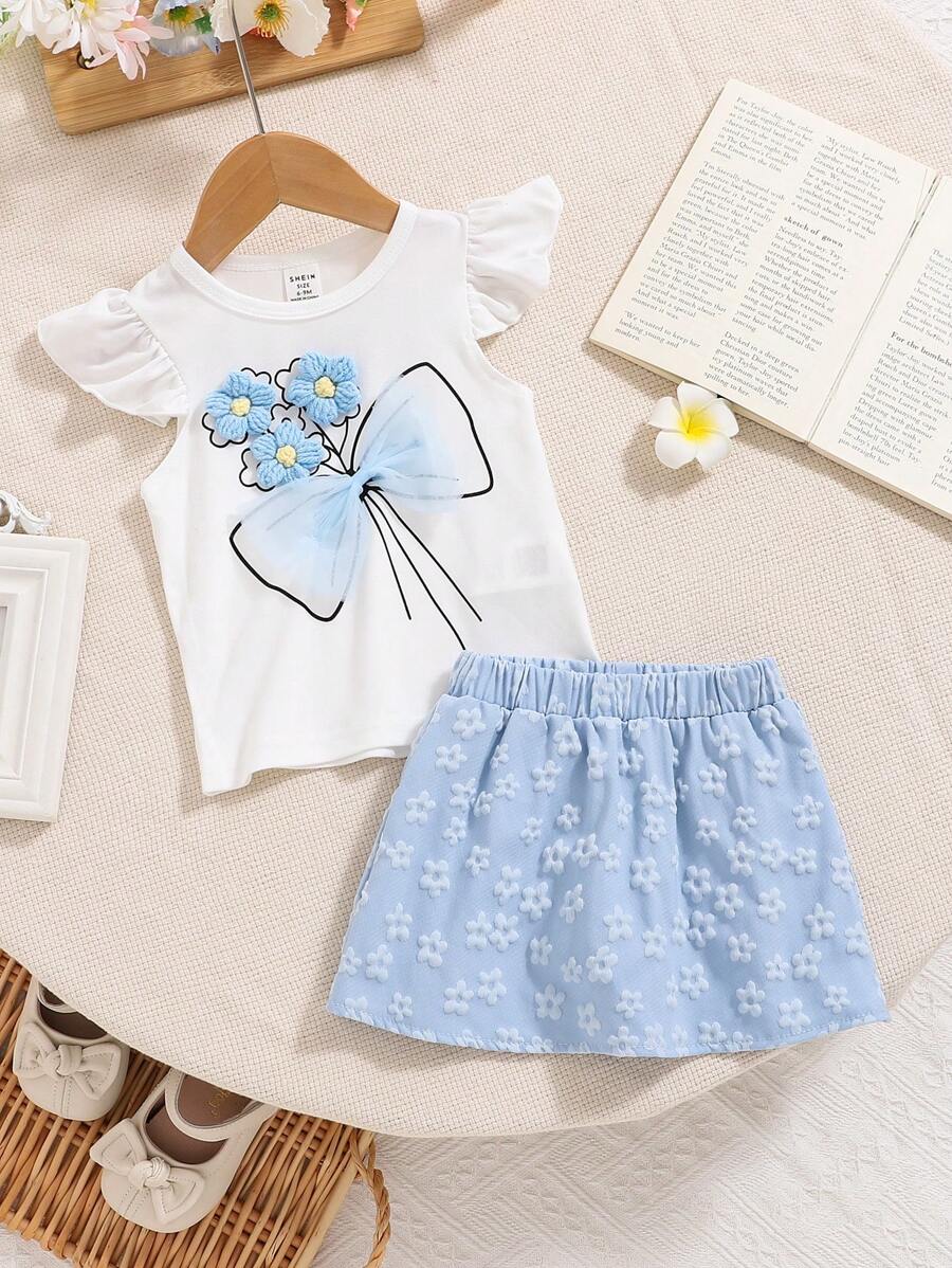 SHEIN 女婴 2 件套休闲蝴蝶短袖上衣和裙子套装，春夏 - 藍色 - 查看 1