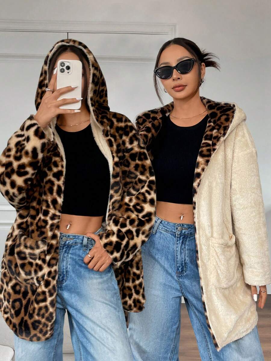 Muchica Reversible Leopard Print Fluffy Hooded Regular Jacket For Women - Multicolor - View 1