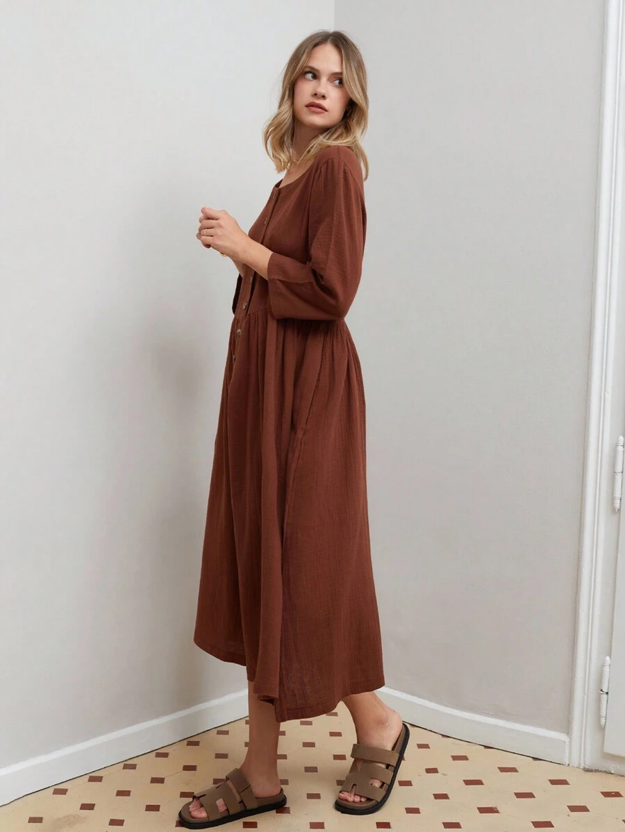 RueChic WOMAN BROWN ELEGANT MUSLIN LONG DRESS - Brown - View 1