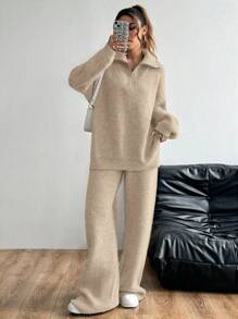 Flirla Bộ 2 áo len dệt kim rộng rãi thoải mái cho nữ và quần, trang phục đa năng cho mùa thu/đông - Màu Khaki - Xem 5