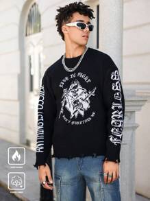 Manfinity Roghcode Męski sweter z jesiennym wzorem liter, okrągłym dekoltem i długim rękawem, dopasowany do sylwetki - Czarne - Zobacz 1