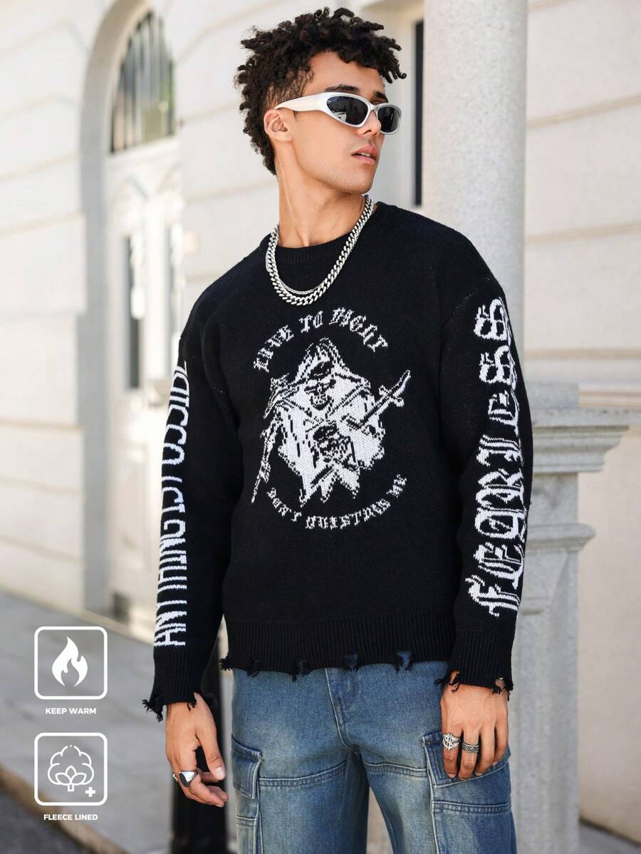 Manfinity Roghcode Męski sweter z jesiennym wzorem liter, okrągłym dekoltem i długim rękawem, dopasowany do sylwetki - Czarne - Zobacz 1