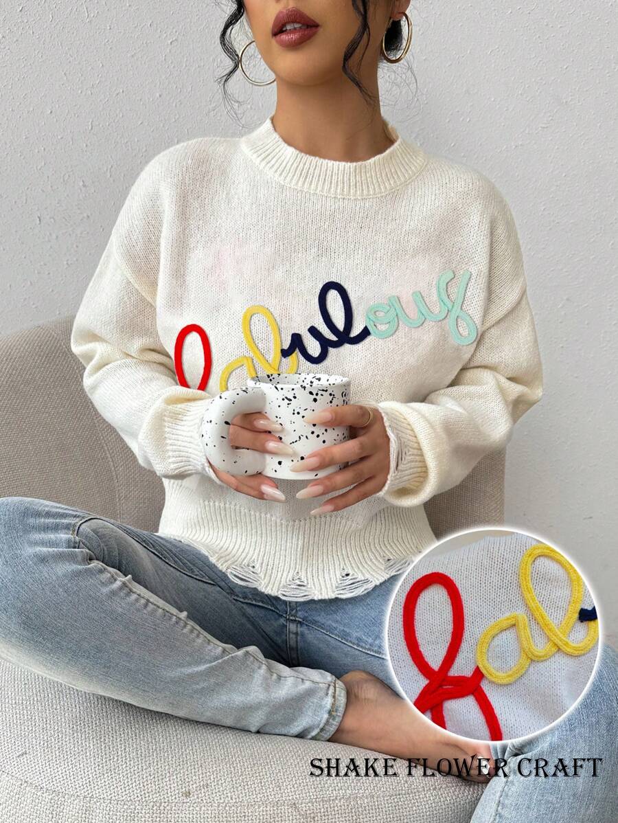 SHEIN Unity Women's Crew Neck Letter Embroidery Casual Loose Knit Sweater Knit Pullover Fall Winter - Beige - View 1