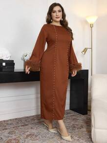 Modelyn Vestido de Body ceñido con mangas globo de estilo retro y cuello redondo, vestido elegante de mujer estilo maxi para otoño/invierno, vestido largo de noche