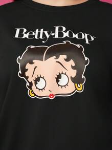 Betty Boop x SHEIN Plus Size Retro Sexy Street Trendy Y2k Herfst Zwart Klassiek Cartoon Portret Print Lange Mouw Ronde Hals Sweatshirt