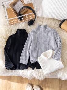 SHEIN 3 stuks/set babyjongens basic effen kleur hoge kraag lange mouwen gebreide truien, herfst/winter