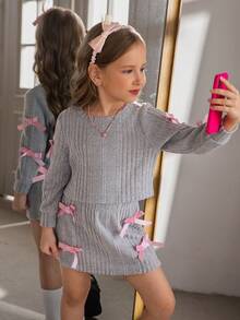 2 件套年轻女孩灰色长袖休闲上衣 + 灰色裙子配粉色蝴蝶结，秋冬 - 灰色 - 查看 3