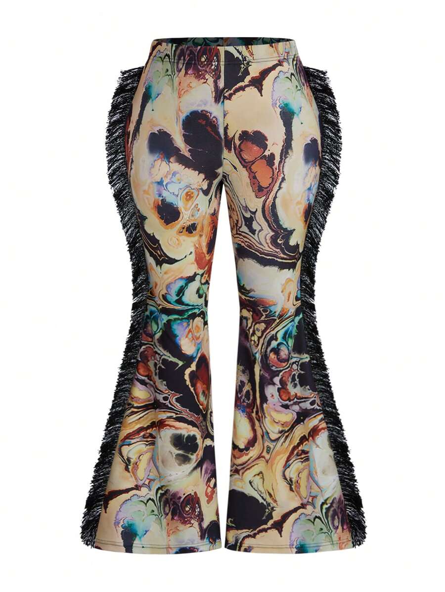 Flirla 大码喇叭裤，全身印花和流苏装饰，休闲 - 彩色 - 查看 1