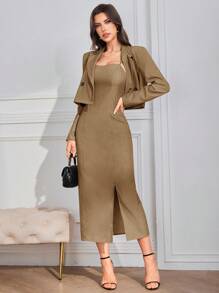 Modelyn Bộ vest xám cho nữ, Mùa thu, Trang phục công sở, Trang phục thường ngày thanh lịch Áo khoác blazer ngắn & Váy hai dây, Bộ trang phục công sở thường ngày cho công việc/công sở/trường học/Trang phục thường ngày thường ngày/buổi tối hoặc bất kỳ dịp trang trọng nào khác Bộ 2 món - Lạc đà - Xem 4