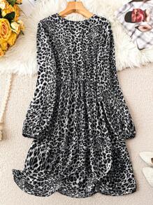 SHEIN LUNE 大码春秋季休闲豹纹连衣裙冬装 - 灰色 - 查看 2
