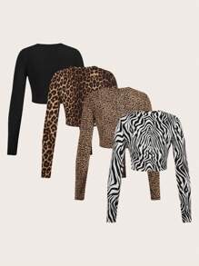 SHEIN Essnce 4 件装休闲简约图案圆领长袖短款修身女式 T 恤，春秋季 - 彩色 - 查看 2