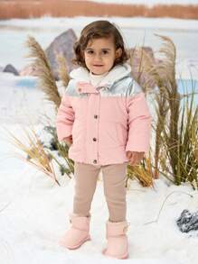 SHEIN Baby Girls' Thick Hooded Jacket With Patchwork Color Blocks