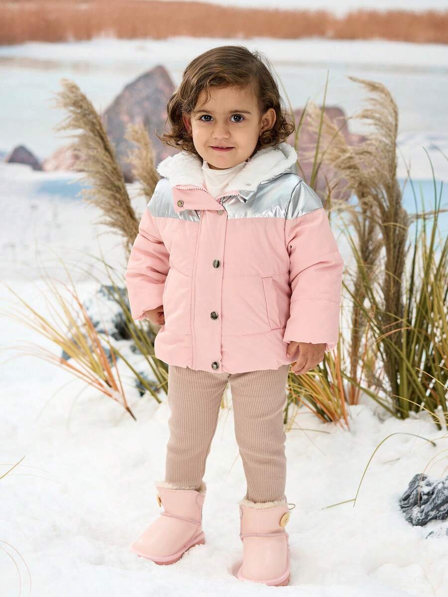 SHEIN Baby Girls' Thick Hooded Jacket With Patchwork Color Blocks