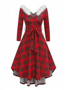 SHEIN Clasi 大码女式圣诞红色格子毛领修腰长袖连衣裙，秋季新年服装长款女装 - 紅色 - 查看 6