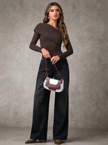 SHEIN BAE 女士休闲不对称领修身长袖 T 恤，适合秋季 - 咖啡棕 - 查看 3