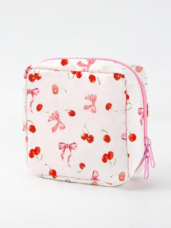 Red Glitter Étui étanche et résistant à la saleté pour serviette hygiénique avec imprimé cerises et noeuds dans un style Y2K doux, girlcore pour filles