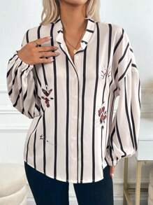 SHEIN LUNE Koszula damska w paski i kwiaty, luźna, z odkrytymi ramionami i guzikami z przodu, na wiosnę i jesień