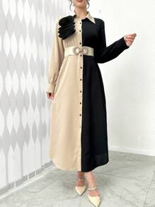 Modelyn Abito lungo da donna con maniche lunghe, modesto, con fiori 3D e colorblock, abito lungo da sera stile arabo
