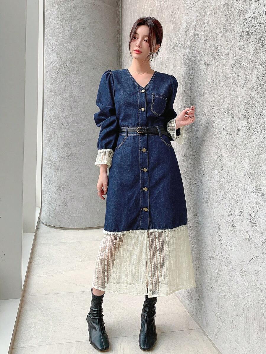 DAZY Women Lace Patchwork Front Button Long Sleeve Casual Denim Dress, Everyday Wear,Fall Clothes